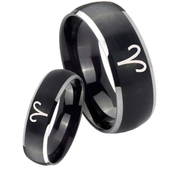 His Hers Aries Zodiac Dome Brushed Black 2 Tone Tungsten Men's Ring Set