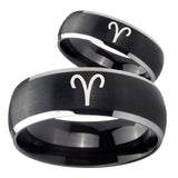 His Hers Aries Zodiac Dome Brushed Black 2 Tone Tungsten Men's Ring Set