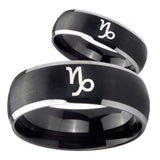 His Hers Capricorn Zodiac Dome Brushed Black 2 Tone Tungsten Men Rings Set