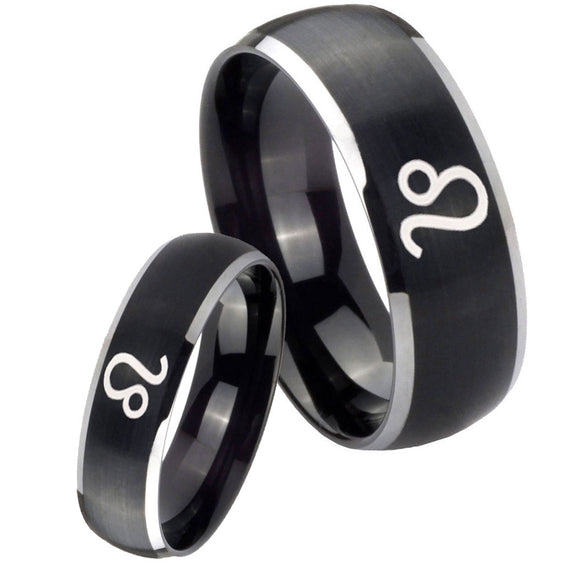 Bride and Groom Leo Zodiac Dome Brushed Black 2 Tone Tungsten Men's Ring Set
