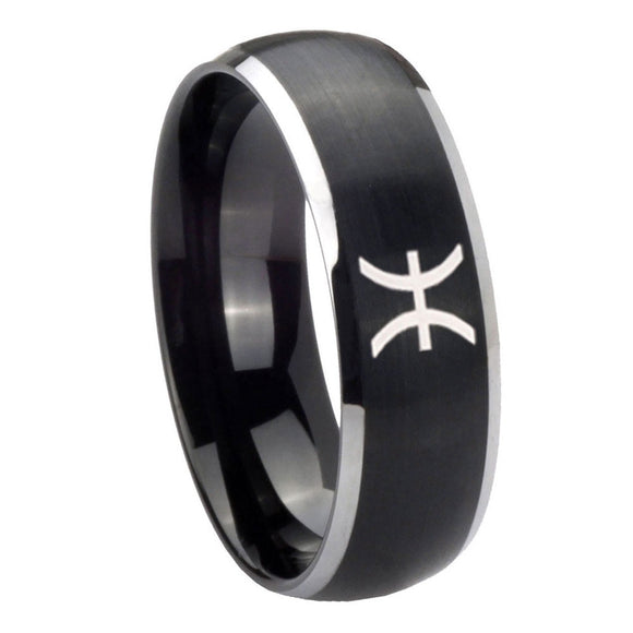 8mm Pisces Zodiac Dome Brushed Black 2 Tone Tungsten Carbide Mens Ring