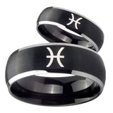 His Hers Pisces Zodiac Dome Brushed Black 2 Tone Tungsten Mens Ring Set