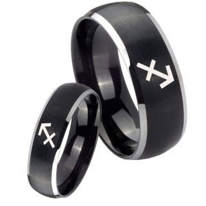 His Hers Sagittarius Zodiac Dome Brushed Black 2 Tone Tungsten Mens Band Set