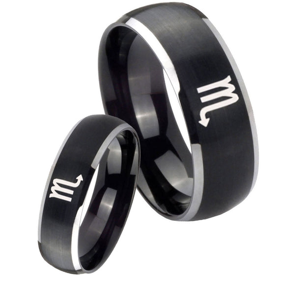 His Hers Scorpio Horoscope Dome Brushed Black 2 Tone Tungsten Men Band Set