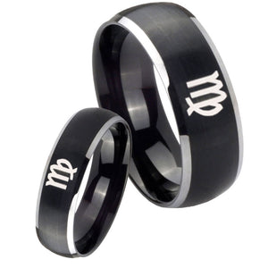 His Hers Virgo Zodiac Dome Brushed Black 2 Tone Tungsten Men's Wedding Ring Set