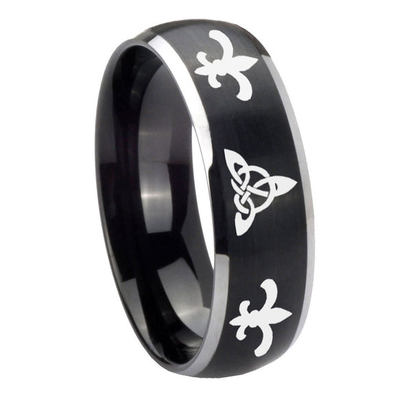 8mm Celtic Triangle Fleur De Lis Dome Brushed Black 2 Tone Tungsten Promise Ring