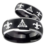 His Hers Celtic Triangle Fleur De Lis Dome Brushed Black 2 Tone Tungsten Engraving Ring Set