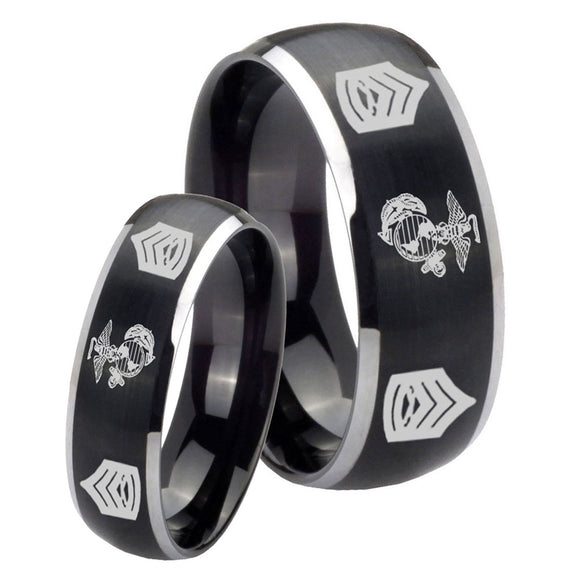 His Hers Marine Army Sergeant Dome Brushed Black 2 Tone Tungsten Men's Band Ring Set