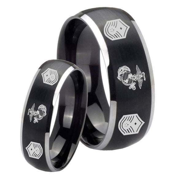 His Hers Marine Chief Master Sergeant  Dome Brushed Black 2 Tone Tungsten Mens Ring Set