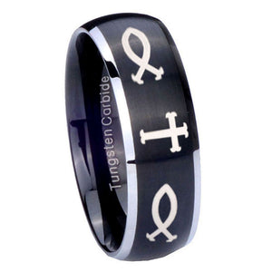 8mm Fish & Cross Dome Brushed Black 2 Tone Tungsten Carbide Mens Ring Engraved