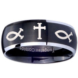 8mm Fish & Cross Dome Brushed Black 2 Tone Tungsten Carbide Mens Ring Engraved