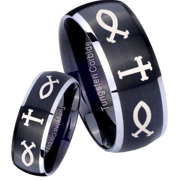 His Hers Fish & Cross Dome Brushed Black 2 Tone Tungsten Men's Wedding Band Set