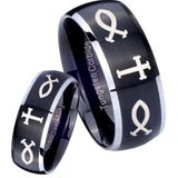 His Hers Fish & Cross Dome Brushed Black 2 Tone Tungsten Men's Wedding Band Set