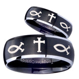 His Hers Fish & Cross Dome Brushed Black 2 Tone Tungsten Men's Wedding Band Set