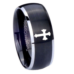 8mm Flat Christian Cross Dome Brushed Black 2 Tone Tungsten Wedding Bands Ring