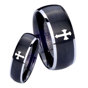 His Hers Flat Christian Cross Dome Brushed Black 2 Tone Tungsten Men Ring Set