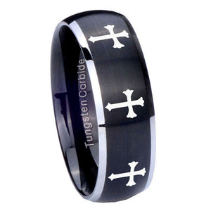 8mm Multiple Christian Cross Dome Brushed Black 2 Tone Tungsten Mens Ring