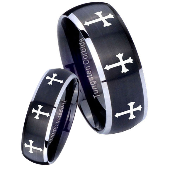 His Hers Multiple Christian Cross Dome Brushed Black 2 Tone Tungsten Wedding Ring Set