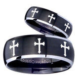 His Hers Multiple Christian Cross Dome Brushed Black 2 Tone Tungsten Wedding Ring Set