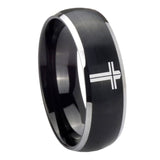 8mm Flat Christian Cross Dome Brushed Black 2 Tone Tungsten Men's Band Ring