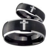 His Hers Flat Christian Cross Dome Brushed Black 2 Tone Tungsten Mens Band Set