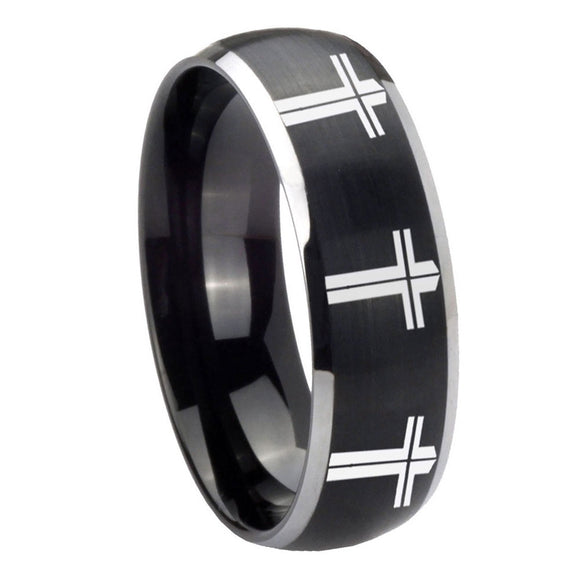 8mm Multiple Christian Cross Dome Brushed Black 2 Tone Tungsten Promise Ring