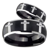 His Hers Multiple Christian Cross Dome Brushed Black 2 Tone Tungsten Rings Set