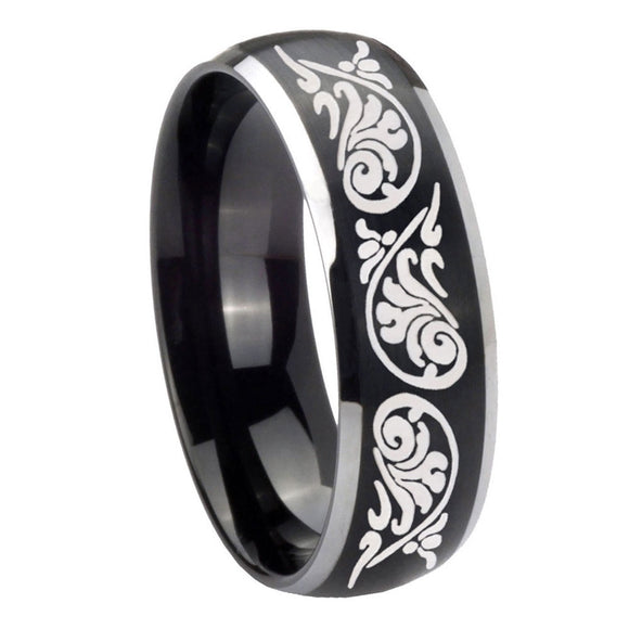 8mm Etched Tribal Pattern Dome Brushed Black 2 Tone Tungsten Wedding Band Mens