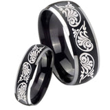 His Hers Etched Tribal Pattern Dome Brushed Black 2 Tone Tungsten Bands Ring Set