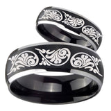 His Hers Etched Tribal Pattern Dome Brushed Black 2 Tone Tungsten Bands Ring Set