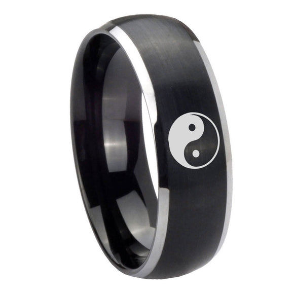 8mm Yin Yang Dome Brushed Black 2 Tone Tungsten Carbide Mens Ring Engraved
