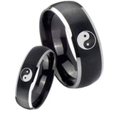 His Hers Yin Yang Dome Brushed Black 2 Tone Tungsten Men's Wedding Band Set