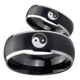 His Hers Yin Yang Dome Brushed Black 2 Tone Tungsten Men's Wedding Band Set