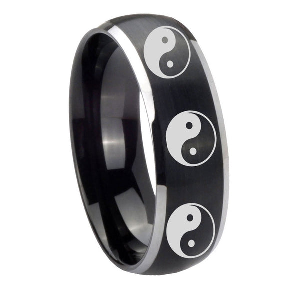 8mm Multiple Yin Yang Dome Brushed Black 2 Tone Tungsten Anniversary Ring
