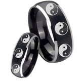 His Hers Multiple Yin Yang Dome Brushed Black 2 Tone Tungsten Custom Ring Set