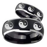 His Hers Multiple Yin Yang Dome Brushed Black 2 Tone Tungsten Custom Ring Set