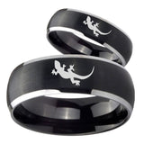 Bride and Groom Lizard Dome Brushed Black 2 Tone Tungsten Engraved Ring Set