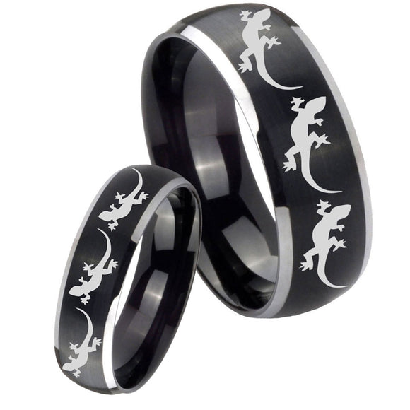 His Hers Multiple Lizard Dome Brushed Black 2 Tone Tungsten Custom Ring Set