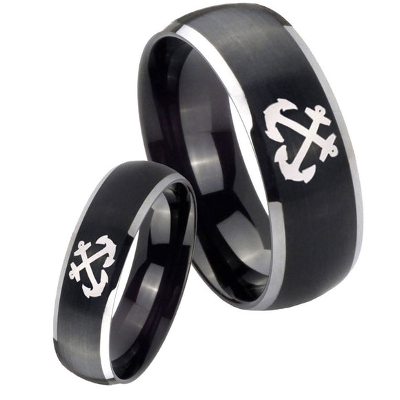 Bride and Groom Anchor Dome Brushed Black 2 Tone Tungsten Men's Band Ring Set