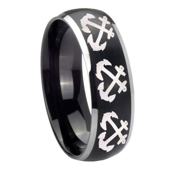 8mm Multiple Anchor Dome Brushed Black 2 Tone Tungsten Custom Ring for Men