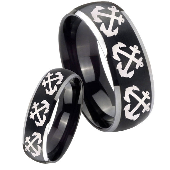 His Hers Multiple Anchor Dome Brushed Black 2 Tone Tungsten Men's Ring Set