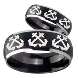 His Hers Multiple Anchor Dome Brushed Black 2 Tone Tungsten Men's Ring Set