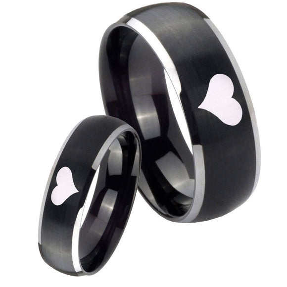 His and Hers Heart Dome Brushed Black 2 Tone Tungsten Mens Ring Engraved Set