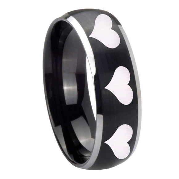 8mm Multiple Heart Dome Brushed Black 2 Tone Tungsten Mens Anniversary Ring
