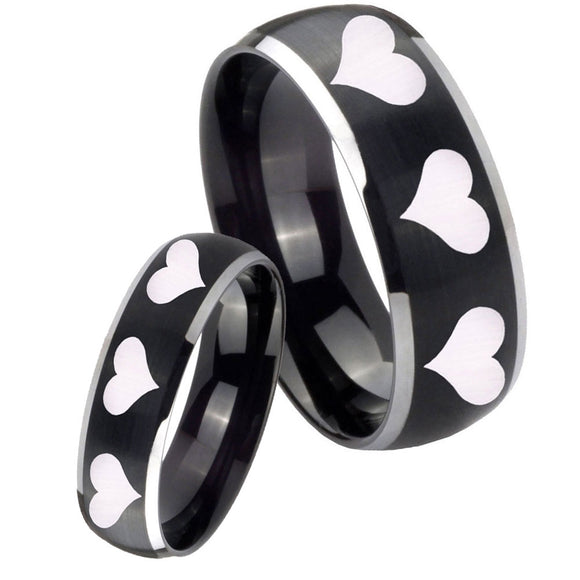 His Hers Multiple Heart Dome Brushed Black 2 Tone Tungsten Men's Bands Ring Set