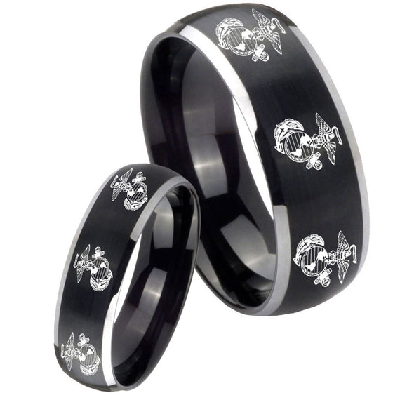 His Hers Multiple Marine Dome Brushed Black 2 Tone Tungsten Engagement Ring Set