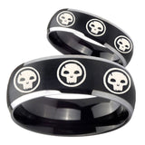 His Hers Multiple Skull Dome Brushed Black 2 Tone Tungsten Men Rings Set