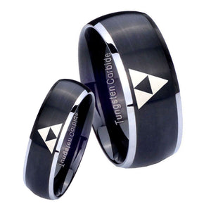 His Hers Zelda Triforce Dome Brushed Black 2 Tone Tungsten Custom Mens Ring Set