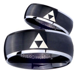 His Hers Zelda Triforce Dome Brushed Black 2 Tone Tungsten Custom Mens Ring Set