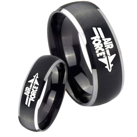 His Her Matte Dome Air Force Two Tone Tungsten Carbide Wedding Rings Set